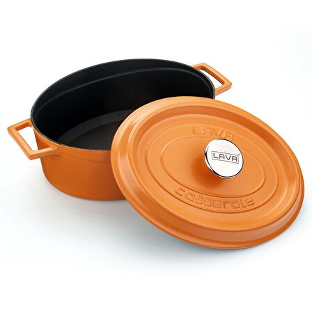 Lava Döküm Oval Tencere 23x29 cm. Parlak Siyah Taban, Mat Turuncu