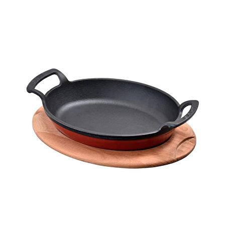 Lava Döküm Oval Kulplu Tava ve Ahşap Altlıklı. Ölçü 23x17cm. - Kırmızı