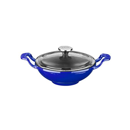 Lava Döküm Wok Tava Metal Kulplu Cam Kapaklı Çap(Ø)16cm. Mavi
