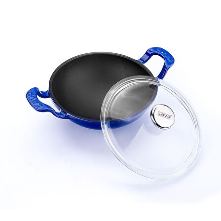 Lava Döküm Wok Tava Metal Kulplu Cam Kapaklı Çap(Ø)16cm. Mavi