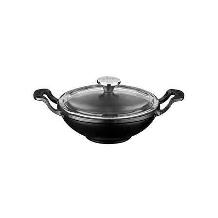 Lava Döküm Wok Tava Metal Kulplu Cam Kapaklı Çap(Ø)16cm. Siyah
