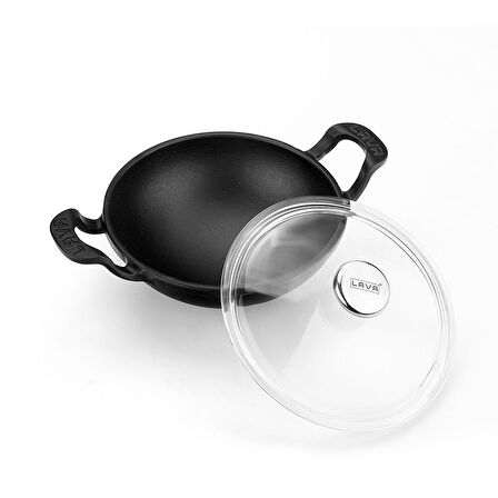 Lava Döküm Wok Tava Metal Kulplu Cam Kapaklı Çap(Ø)16cm. Siyah