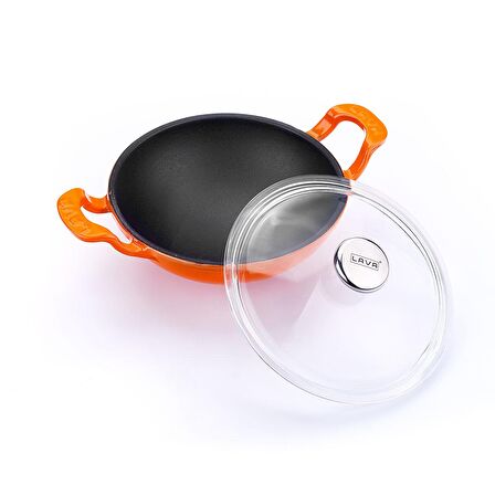 Lava Döküm Wok Tava Metal Kulplu Cam Kapaklı Çap(Ø)16cm. Turuncu
