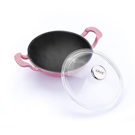 Lava Döküm Wok Tava Metal Kulplu Cam Kapaklı Çap(Ø)16cm. Pembe