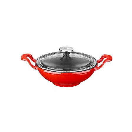 Lava Döküm Wok Tava Metal Kulplu Cam Kapaklı Çap(Ø)16cm. Kırmızı