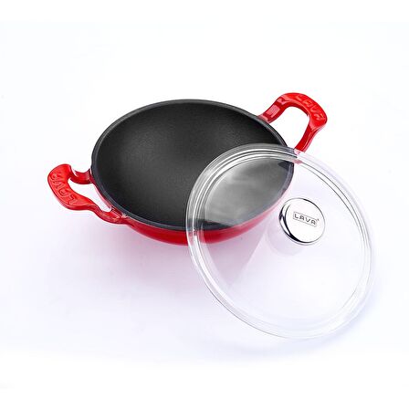 Lava Döküm Wok Tava Metal Kulplu Cam Kapaklı Çap(Ø)16cm. Kırmızı