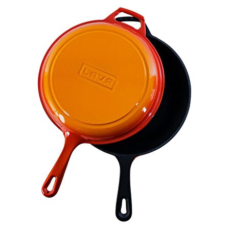 Lava Döküm Combo Derin Yuvarlak Kızartma Tavası Döküm Demir Yekpare Saplı Çap(Ø)26cm - Turuncu
