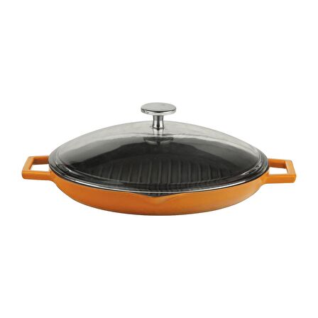 Lava Döküm Yuvarlak Izgara Tava, Metal Kulplu, Cam kapaklı. Çap(Ø)26cm.  - Turuncu