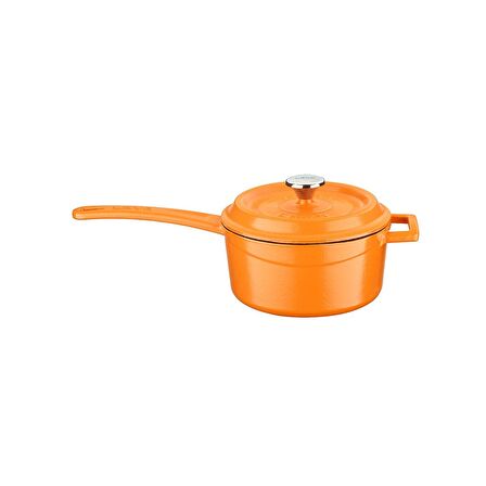 Lava Döküm Yuvarlak Sos Tenceresi Metal Saplı Çap(Ø)16cm, Parlak Siyah Taban, Mat Turuncu