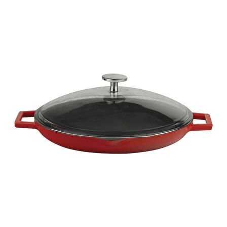 Lava Döküm Yuvarlak Kızartma Tavası, Metal Kulplu, Cam kapaklı. Çap(Ø)26cm.  - Kırmızı
