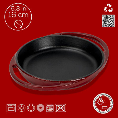 Lava Döküm Yuvarlak Sahan Döküm Demir Yekpare Çift Kulplu Çap(Ø)16cm.-Bordo