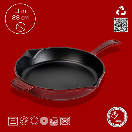 Lava Döküm Yuvarlak Kızartma Tavası Döküm Demir Yekpare Saplı. Çap(Ø)28cm-Bordo