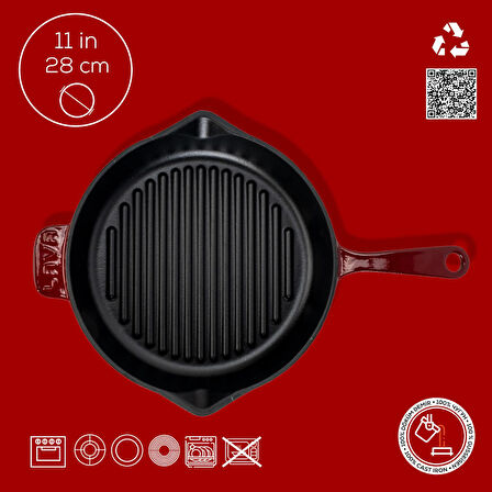 Lava Döküm Yuvarlak Izgara Tava Döküm Demir Yekpare Saplı Çap(Ø)28cm.Bordo