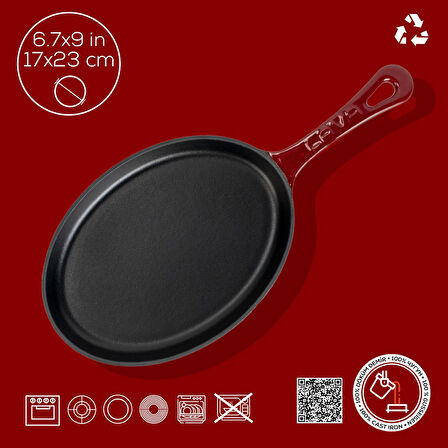 Lava Döküm Oval Fajita Tabağı Döküm Demir Yekpare Saplı Ölçü 17x23cm.-Bordo