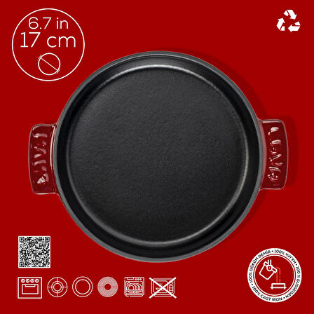 Lava Döküm Yuvarlak Güveç Kabı Döküm Demir Yekpare Çift Kulplu Çap(Ø)17cm.-Bordo