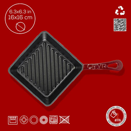 Lava Döküm Mini Kare Izgara Tava Döküm Demir Yekpare Saplı Ölçü 16x16cm.-Bordo