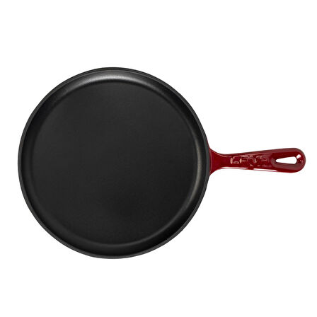 Lava Döküm Yuvarlak Pizza Krep Pankek Tavası Döküm Demir Yekpare Saplı Çap(Ø)26cm.-Bordo