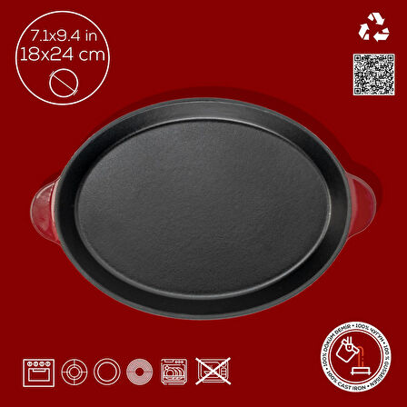 Lava Döküm Oval Fajita Tabağı Döküm Demir Yekpare Çift Kulplu Ölçü 18x24cm.-Bordo