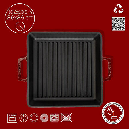 Lava Döküm Kare Izgara Tavası Döküm Demir Yekpare Çift Kulplu Ölçü 26x26cm.-Bordo