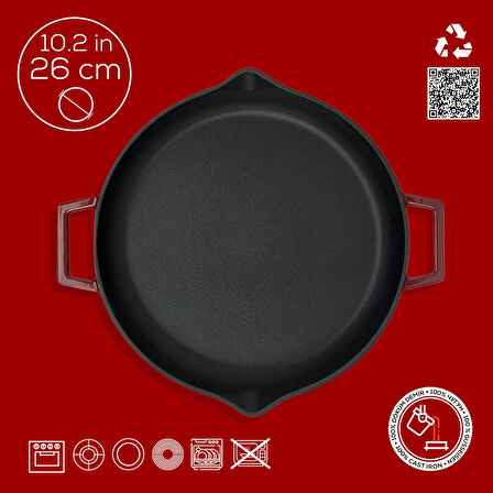 Lava Döküm Yuvarlak Kızartma Tavası Döküm Demir Yekpare Çift Kulplu Çap(Ø)26cm.-Bordo