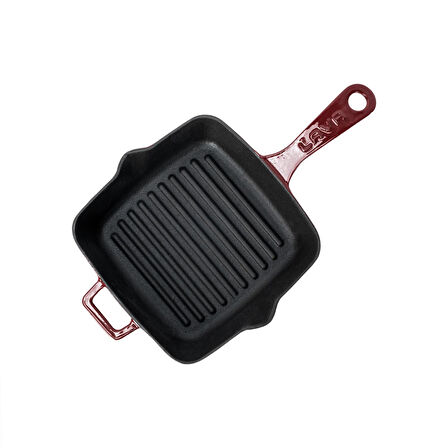 Lava Döküm Kare Izgara Tava Döküm Demir Yekpare Saplı Ölçü 20x20cm.-Bordo