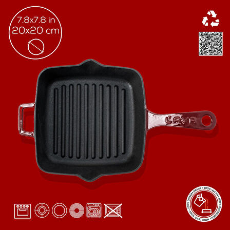 Lava Döküm Kare Izgara Tava Döküm Demir Yekpare Saplı Ölçü 20x20cm.-Bordo