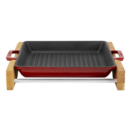 Lava Döküm Kare Izgara Tavası Kayın Servis Ahşabı Döküm Demir Yekpare Çift Kulplu Ölçü 26x26cm.-Bordo