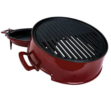 Lava Döküm Yuvarlak Mangal Izgara Set Döküm Demir Yekpare Çift Kulplu Çap (Ø)36cm.-Bordo