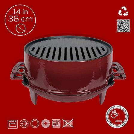 Lava Döküm Yuvarlak Mangal Izgara Set Döküm Demir Yekpare Çift Kulplu Çap (Ø)36cm.-Bordo