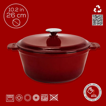 Lava Döküm Yuvarlak Güvec Tencere Döküm Demir Yekpare Kulplu. Çap(Ø)26cm.-Bordo