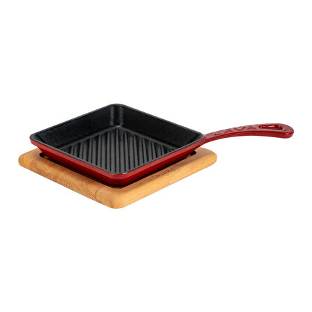 Lava Döküm Mini Kare Izgara Tava Kayın Ahşap Altlıklı Döküm Demir Yekpare Saplı Ölçü 16x16cm.-Bordo