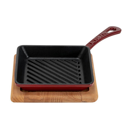 Lava Döküm Mini Kare Izgara Tava Kayın Ahşap Altlıklı Döküm Demir Yekpare Saplı Ölçü 16x16cm.-Bordo