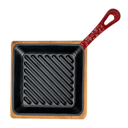 Lava Döküm Mini Kare Izgara Tava Kayın Ahşap Altlıklı Döküm Demir Yekpare Saplı Ölçü 16x16cm.-Bordo