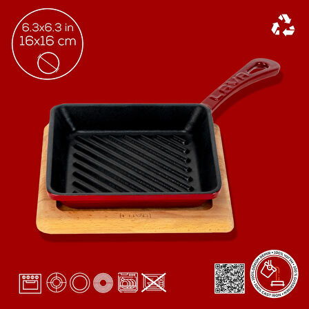 Lava Döküm Mini Kare Izgara Tava Kayın Ahşap Altlıklı Döküm Demir Yekpare Saplı Ölçü 16x16cm.-Bordo
