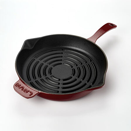 Lava Döküm Yuvarlak Izgara Tava Döküm Demir Yekpare Saplı Radyal Dokulu İç Yüzey Çap(Ø)28cm.-Bordo