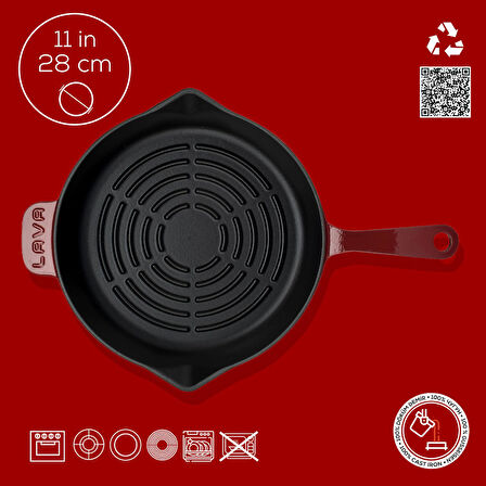 Lava Döküm Yuvarlak Izgara Tava Döküm Demir Yekpare Saplı Radyal Dokulu İç Yüzey Çap(Ø)28cm.-Bordo