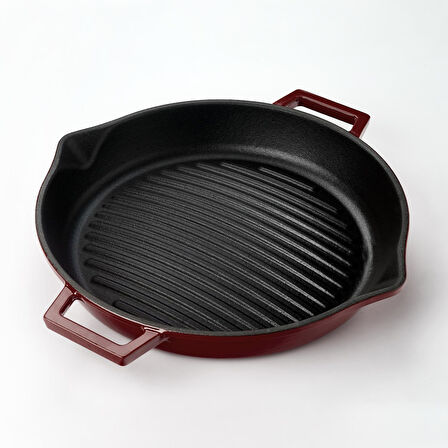 Lava Döküm Yuvarlak Izgara Tavası Döküm Demir Yekpare Çift Kulplu Konkav Taban 15mm. Çap(Ø)30cm.-Bordo