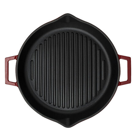 Lava Döküm Yuvarlak Izgara Tavası Döküm Demir Yekpare Çift Kulplu Konkav Taban 15mm. Çap(Ø)30cm.-Bordo