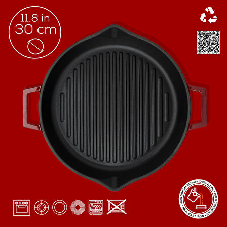 Lava Döküm Yuvarlak Izgara Tavası Döküm Demir Yekpare Çift Kulplu Konkav Taban 15mm. Çap(Ø)30cm.-Bordo