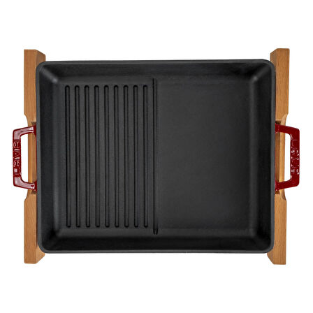 Lava Döküm Dikdörtgen Hibrit Izgara Tavası Kayın Servis Ahşabı Döküm Demir Yekpare Çift Kulplu Ölçü 26x32cm.-Bordo