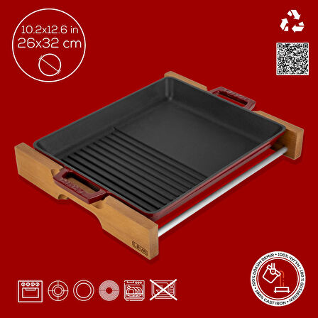 Lava Döküm Dikdörtgen Hibrit Izgara Tavası Kayın Servis Ahşabı Döküm Demir Yekpare Çift Kulplu Ölçü 26x32cm.-Bordo