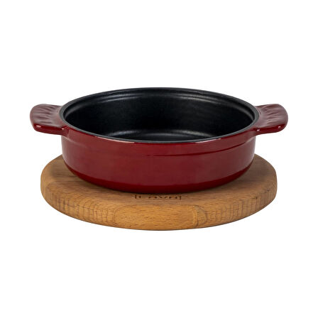 Lava Döküm Yuvarlak Güveç Kabı Döküm Demir Yekpare Çift Kulplu Kayın Servis Ahşabı Çap(Ø)14cm.-Bordo