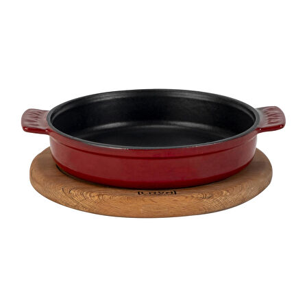 Lava Döküm Yuvarlak Güveç Kabı Döküm Demir Yekpare Çift Kulplu Kayın Servis Ahşabı Çap(Ø)17cm.-Bordo