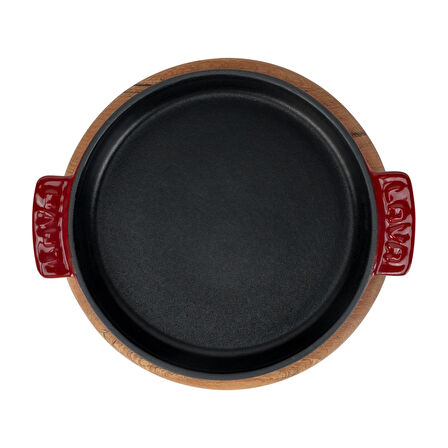 Lava Döküm Yuvarlak Güveç Kabı Döküm Demir Yekpare Çift Kulplu Kayın Servis Ahşabı Çap(Ø)17cm.-Bordo