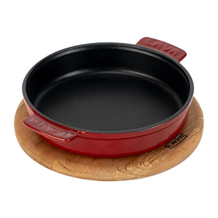 Lava Döküm Yuvarlak Güveç Kabı Döküm Demir Yekpare Çift Kulplu Kayın Servis Ahşabı Çap(Ø)17cm.-Bordo