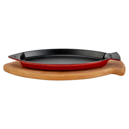 Lava Döküm Balık Tabağı Döküm Demir Yekpare Kulplu Kayın Servis Ahşabı Ölçü 15x24cm.-Bordo