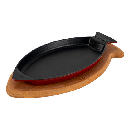 Lava Döküm Balık Tabağı Döküm Demir Yekpare Kulplu Kayın Servis Ahşabı Ölçü 15x24cm.-Bordo