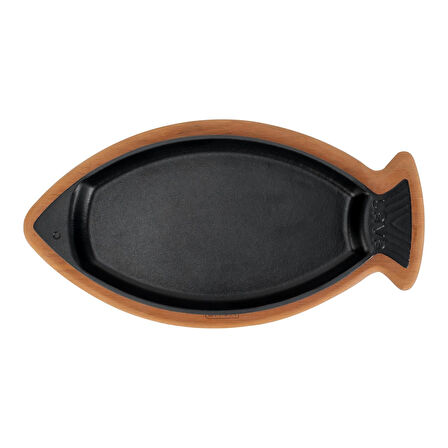 Lava Döküm Balık Tabağı Döküm Demir Yekpare Kulplu Kayın Servis Ahşabı Ölçü 15x24cm.-Bordo