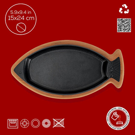 Lava Döküm Balık Tabağı Döküm Demir Yekpare Kulplu Kayın Servis Ahşabı Ölçü 15x24cm.-Bordo