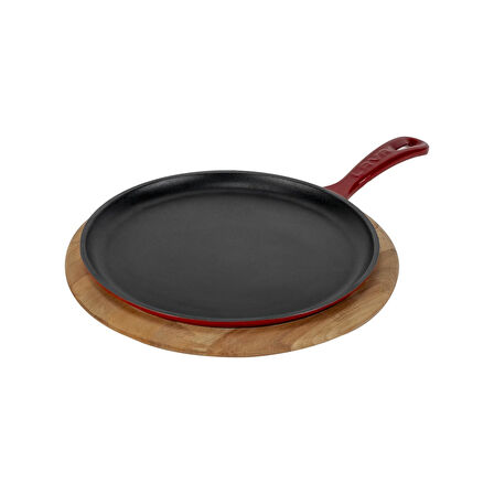 Lava Döküm Yuvarlak Pizza Krep Pankek Tavası Döküm Demir Yekpare Saplı Kayın Servis Ahşabı Çap(Ø)26cm.-Bordo
